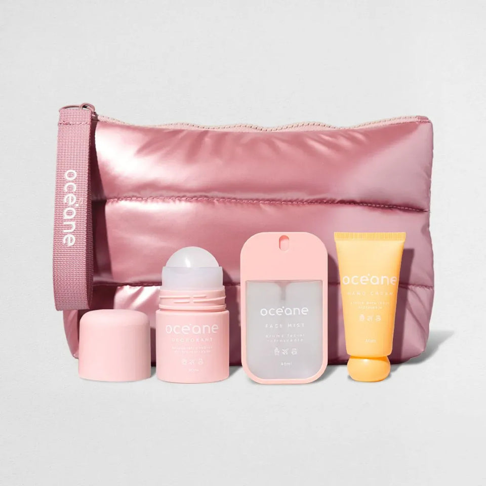 Kit Nécessaire Puffer + Desodorante + Creme para Mãos + Bruma Facial Travel